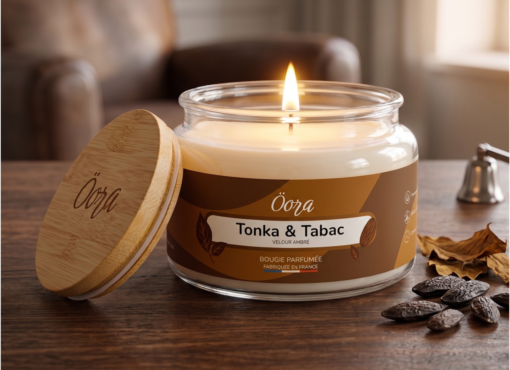 Bougie parfumée Tonka & tabac 300 g – Cire végétale | Öora