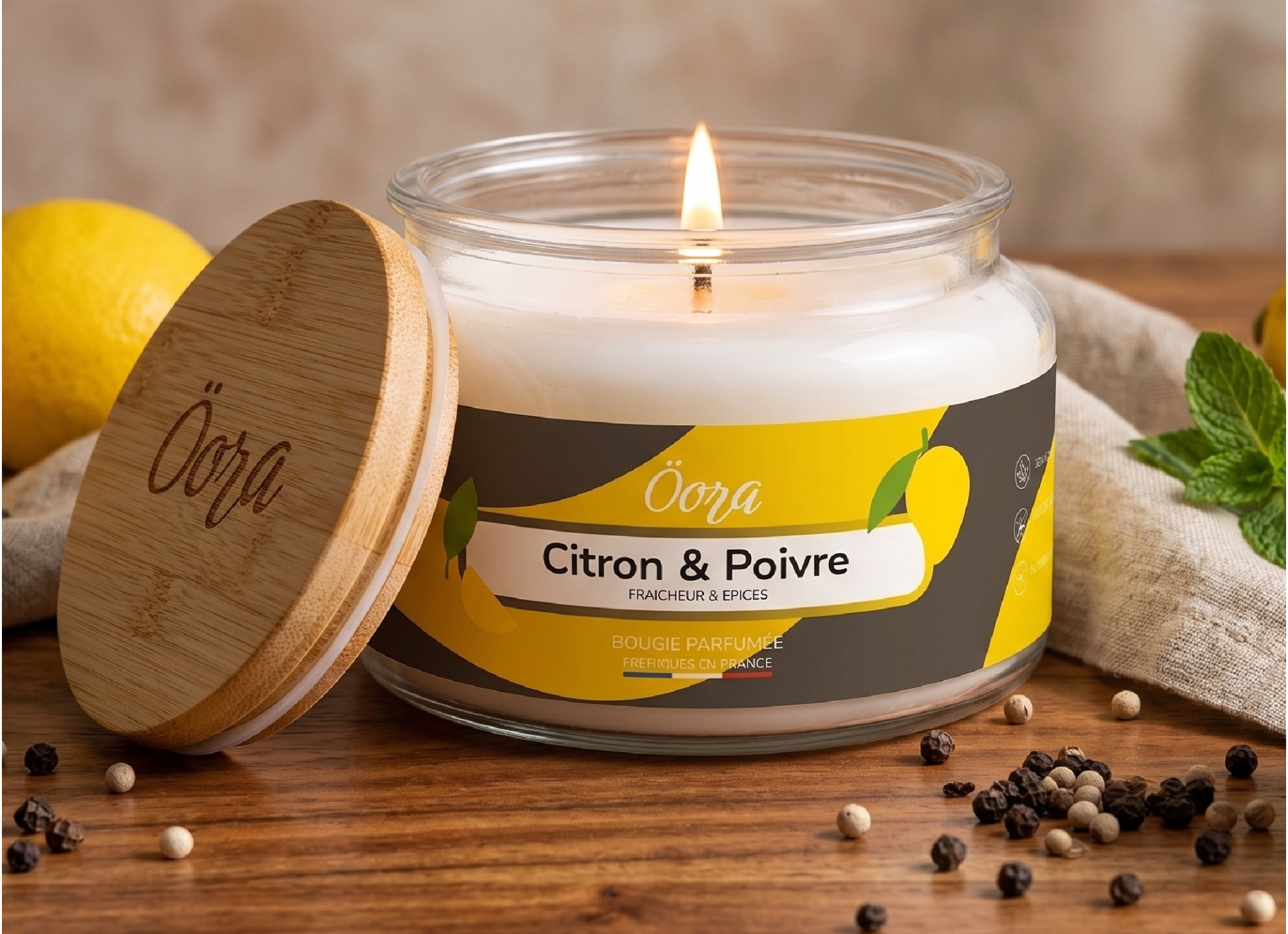 Bougie parfumée Citron & Poivre 300 g – Cire végétale | Öora