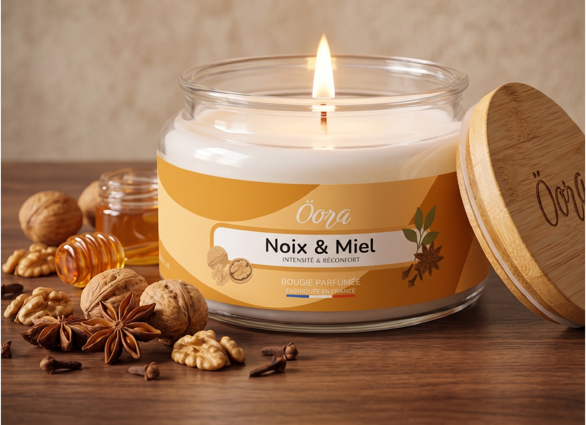 Bougie parfumée Noix et Miel 300 g – Cire végétale | Öora