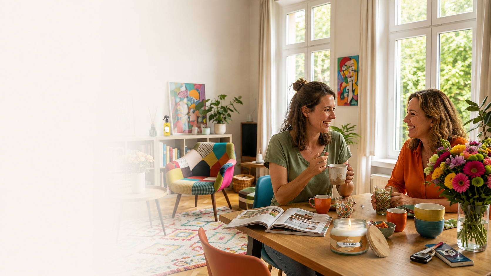Un moment convivial dans une maison colorée avec les parfums d'intérieur Öora