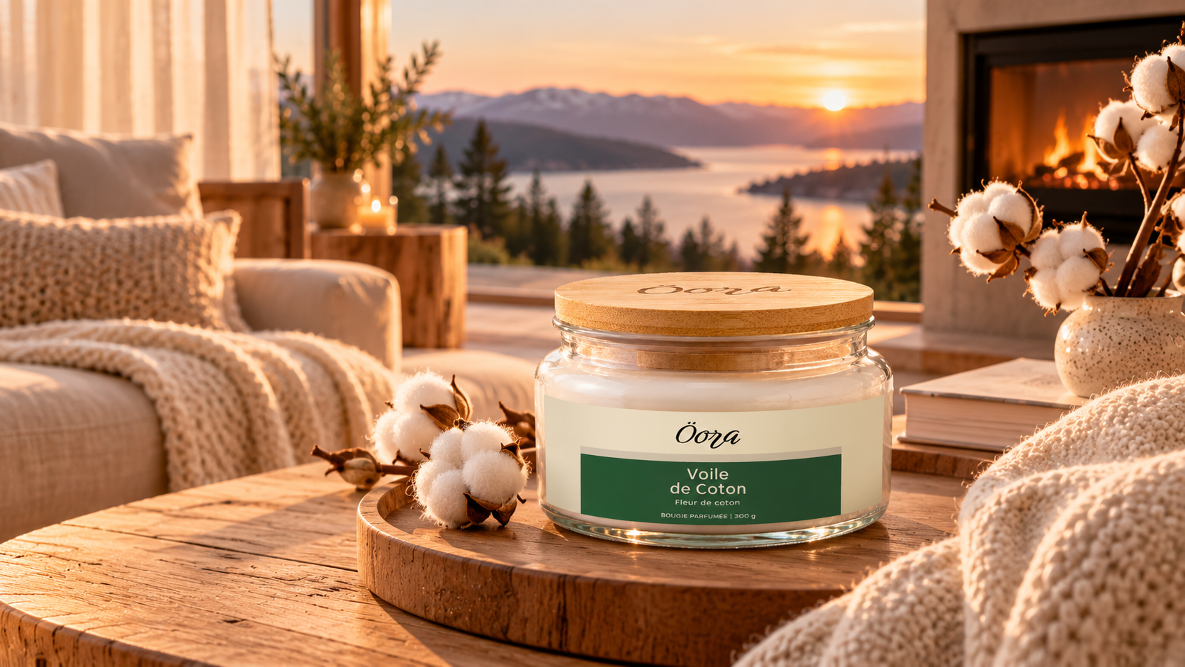 Bougie parfumée Öora Voile de Coton dans un intérieur chaleureux